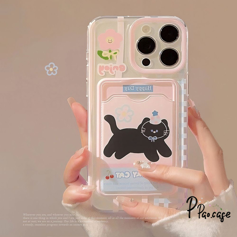 แฟชั่นการ์ตูนลูกแมวสีดำเข้ากันได้เคสไอโฟน 13 11 16 XR 15 14 12 Pro Max 7 8 Plus X XS Max SE เชือกกระเป๋าสตางค์บัตรเคส