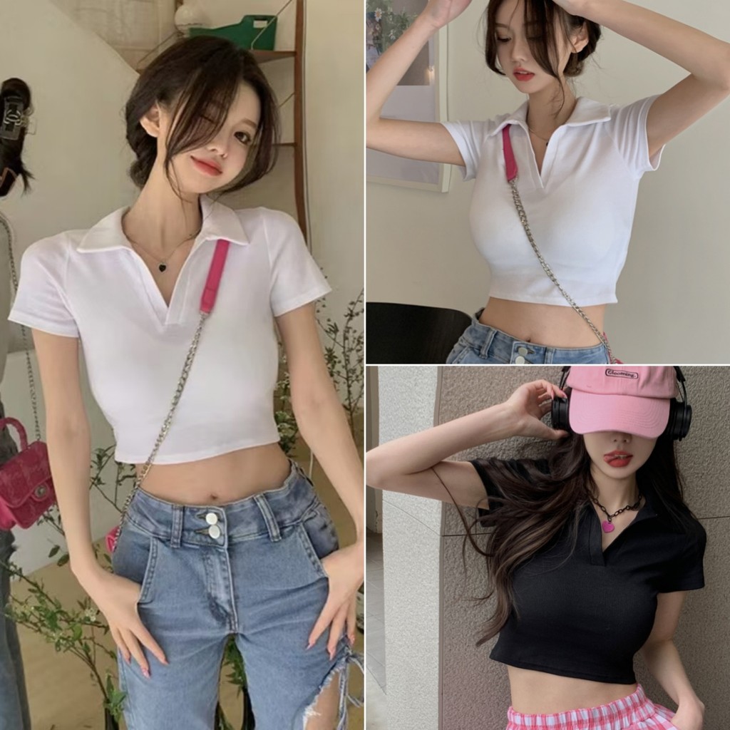 Hotgirl พร้อมส่ง เสื้อครอป y2k เสื้อยืดคอโปโลผู้หญิง โปโลแขนสั้น ดีไซน์เก๋ไก้และเซ็กซี่ สไตล์เกาหลี