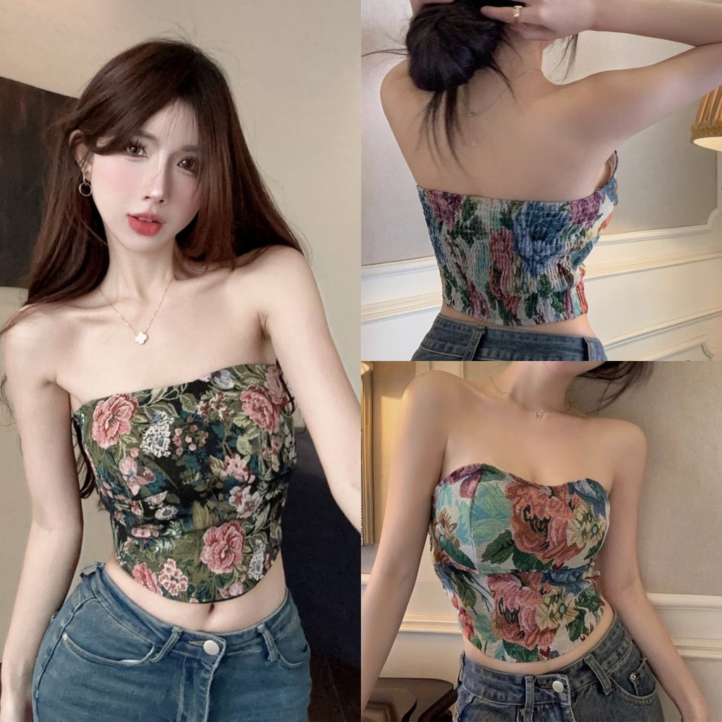 🪐Anne🪐เสื้อเกาะอก มีฟองน้ำ ปาดไหล่ ลายดอก สม็อคด้านหลัง สลิมฟิต🌟เสื้อครอป สไตล์เกาหลี ทรงสวย🌙#FY2217-1