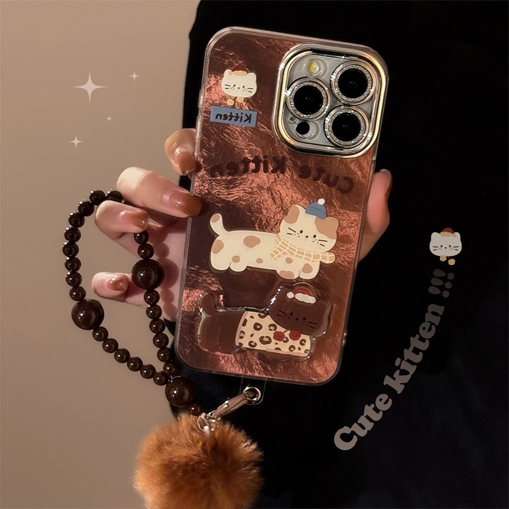 แมวสีน้ําตาลเหมาะสําหรับ แอปเปิล 15มือโปร เคสโทรศัพท์ ไอโฟน 16/15/14/13/12/11 พร้อมวงเล็บเปลือกแข็งตุ๊กตาเชือก