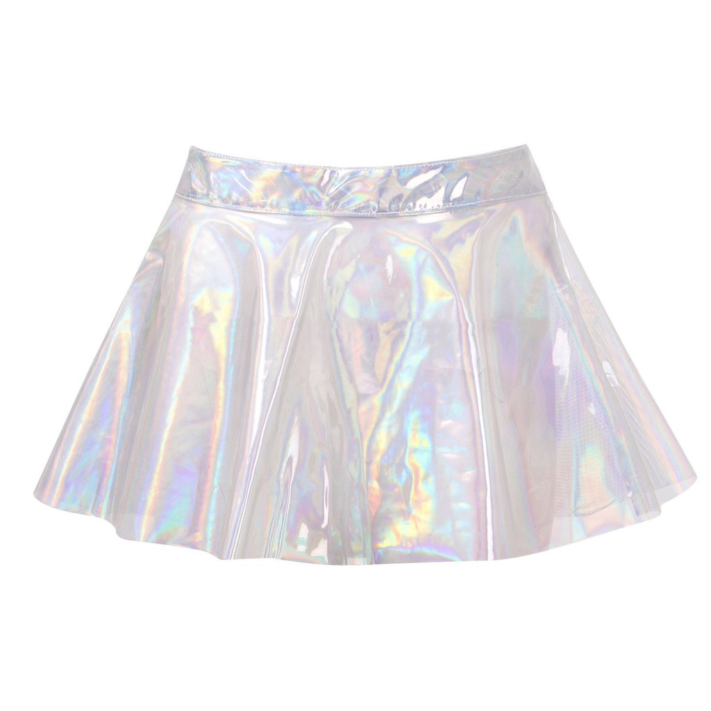 Nikiikoo ผู้หญิงดูผ่าน Flared กระโปรง Clubwear เงามันวาวเอวสูงซิปกลับ Miniskirt