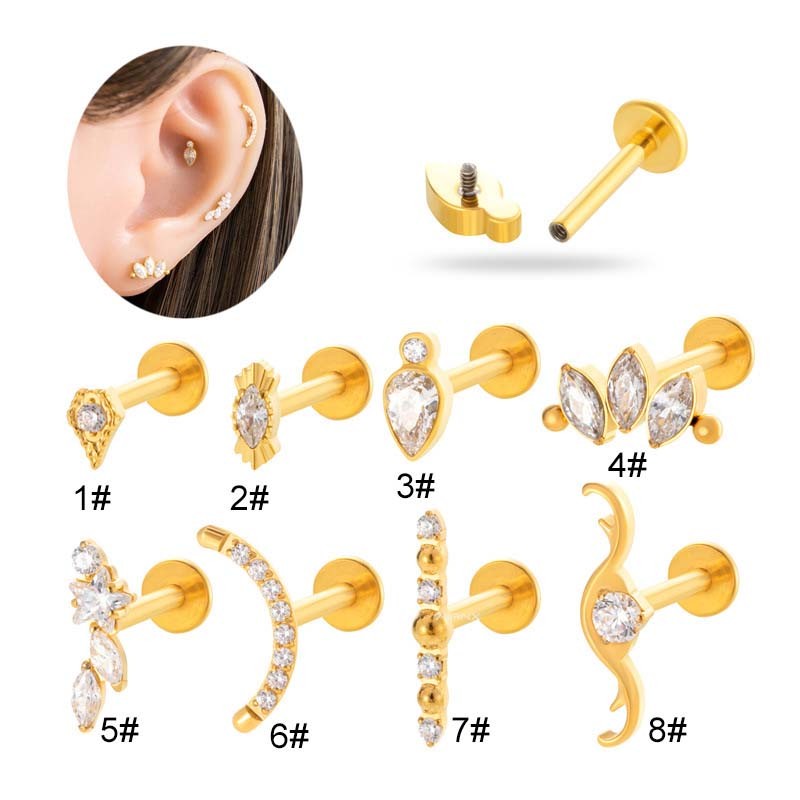 1 ชิ้น Labret Stud Lip เจาะ 16Gauge G23 ไทเทเนียม Zirconia แบนหัว Hypoallergenic ภายในด้ายหู Helix Lobe เจาะ