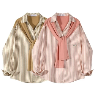 [เสื้อเชิ้ตโอเวอร์ไซส์] (40-150 กก.) เสื้อยืดลายทางสองชิ้นปลอม พลัสไซส์ ดีไซน์ผ้าคลุมไหล่ เสื้อแขนยาว Plus Size Women