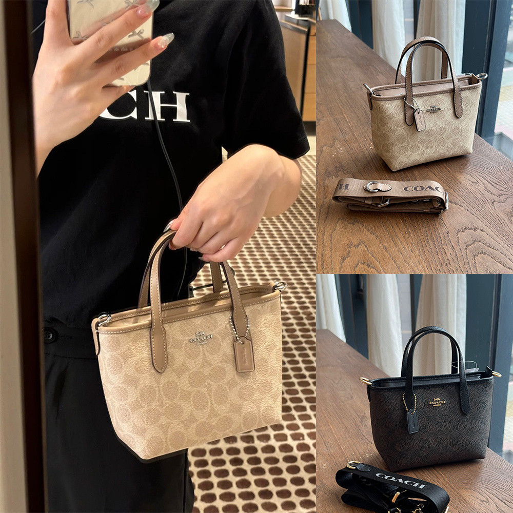 คลังสินค้าพร้อมต้นฉบับ 100% COACH CW032 Mini City กระเป๋าถือคลาสสิกสุภาพสตรีดอกไม้เก่ากระเป๋าโท้ทลํา