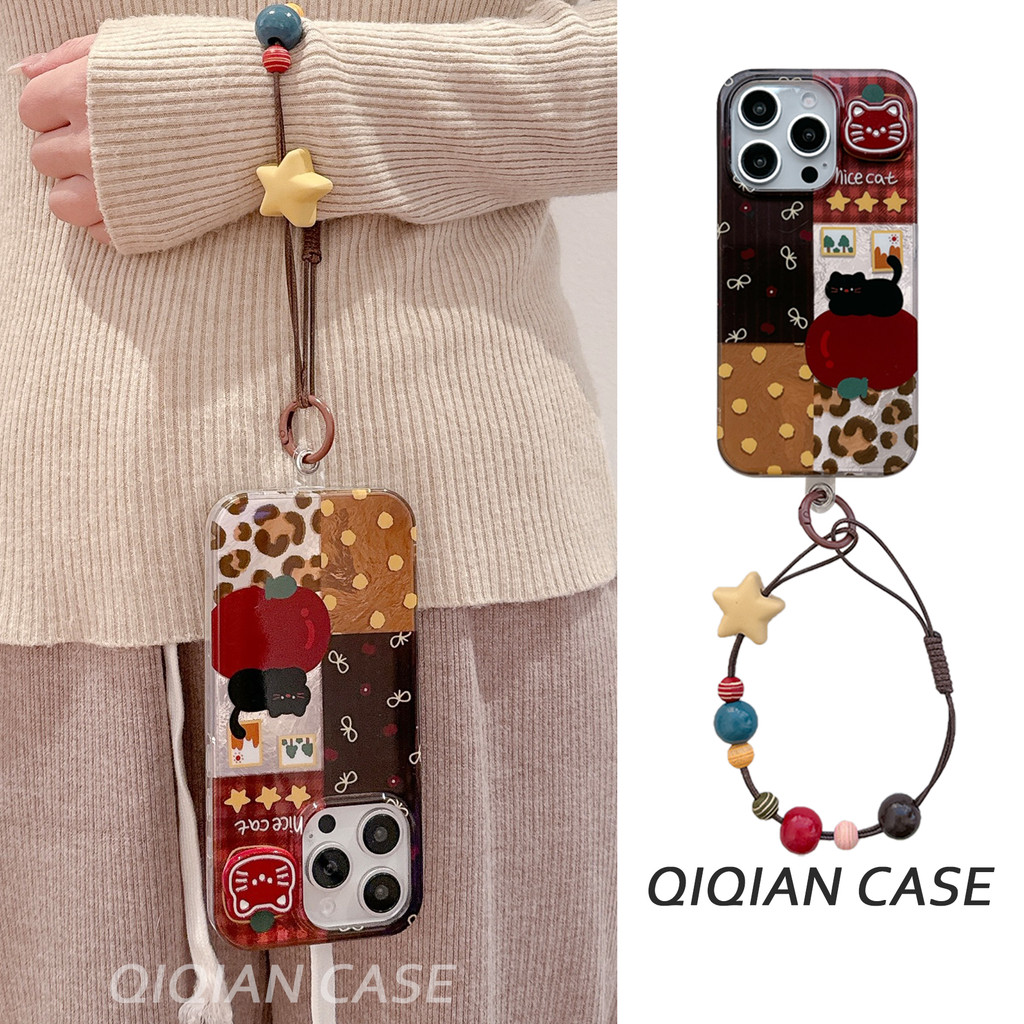 Huiwanju splicing แมวดําขนาดเล็กเหมาะสําหรับ iPhone16/15 เคสโทรศัพท์มือถือ Apple 14/13promax โซ่เคสแข็งสองชั้นน่ารักการ์ตูนผู้หญิง