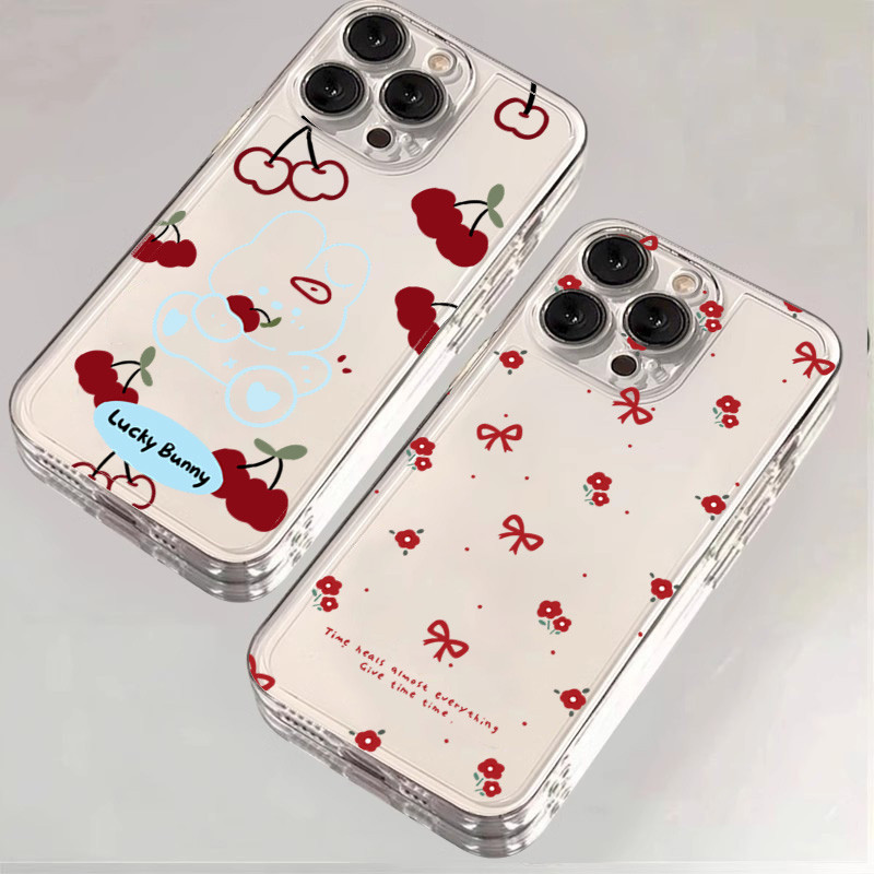 การ์ตูนกระต่ายสีดําเชอร์รี่สําหรับredmi 14C 12 13C 13 หมายเหตุ 14 13 12 11 Pro Plus Turbo 12S 11 10S 9S Proสีแดงโบว์โรแมนติกดอกไม้กันกระแทกClear Soft Cover