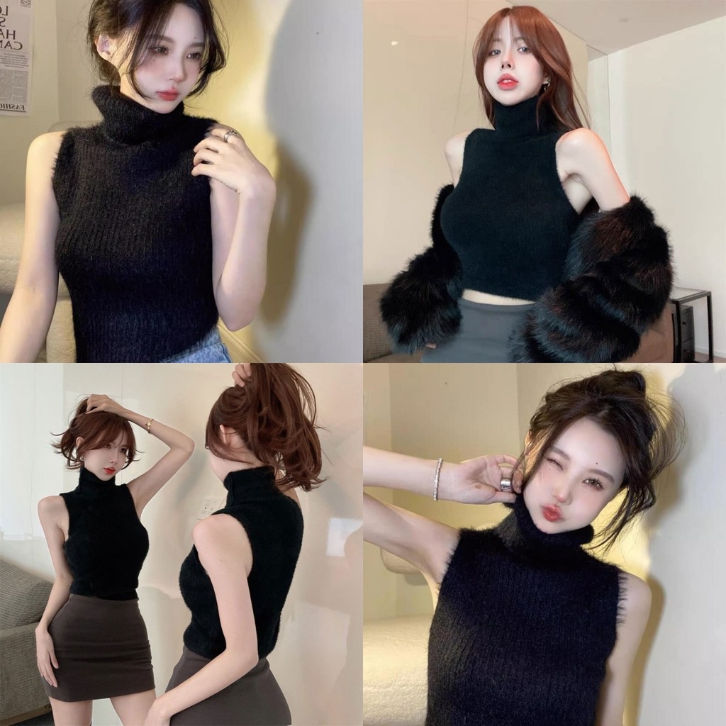 Vogue พร้อมส่ง เสื้อสเวตเตอร์คอเต่าแขนกุด คุณภาพดีมาก หรูหราสุดๆ (85173) -C