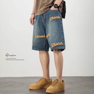 PannoFluxus กางเกงขาสั้นผ้ายีนส์ผู้ชายอเมริกันย้อนยุคหลวมสบา…