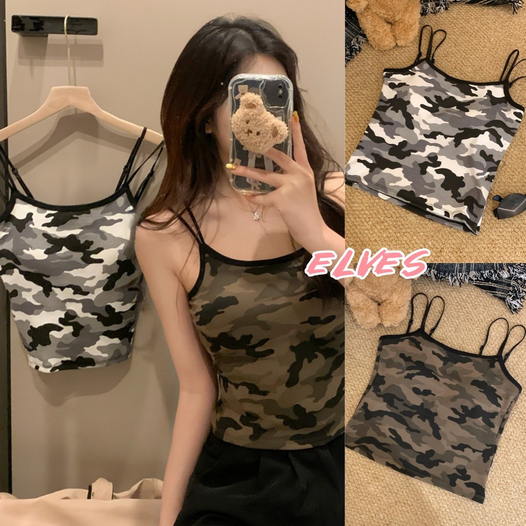 Elves พร้อม💟 เสื้อสายเดี่ยว ลายพลางทหาร สีพื้นใส่ง่ายสบาย มีฟองน้ำ ผ้าใส่สบาย "FY851#1"์
