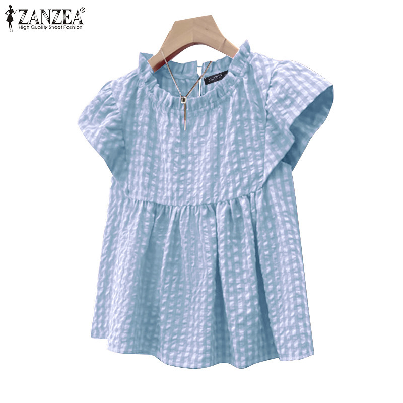 ZANZEA เสื้อเบลาส์คอกลมทรงหลวมสไตล์เกาหลีของผู้หญิงลายสก๊อต Elgant