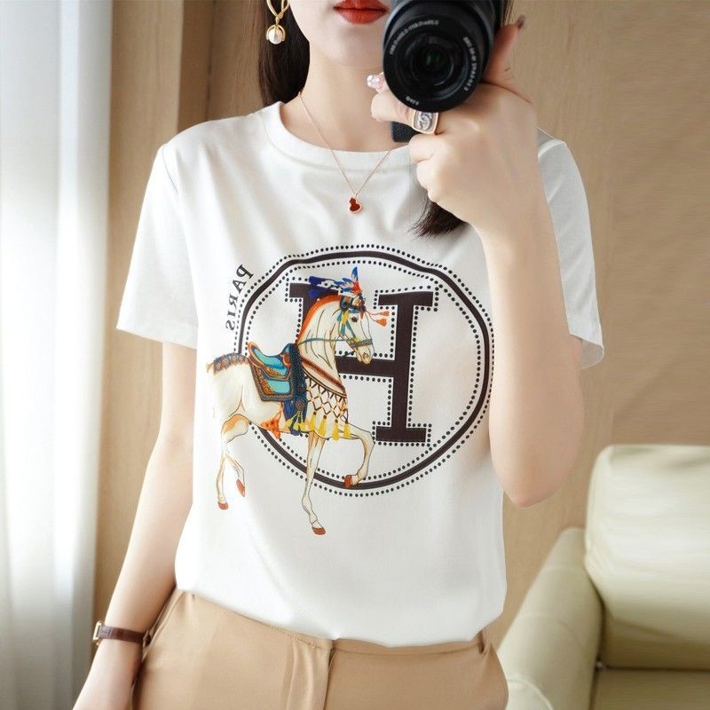 AB Face ผู้หญิงพิมพ์ Casual All-Match รอบคอของแท้ไหล่เสื้อยืดผ้าไหมน้ําแข็งฤดูร้อนบางสไตล์ซาตินเย็บแ