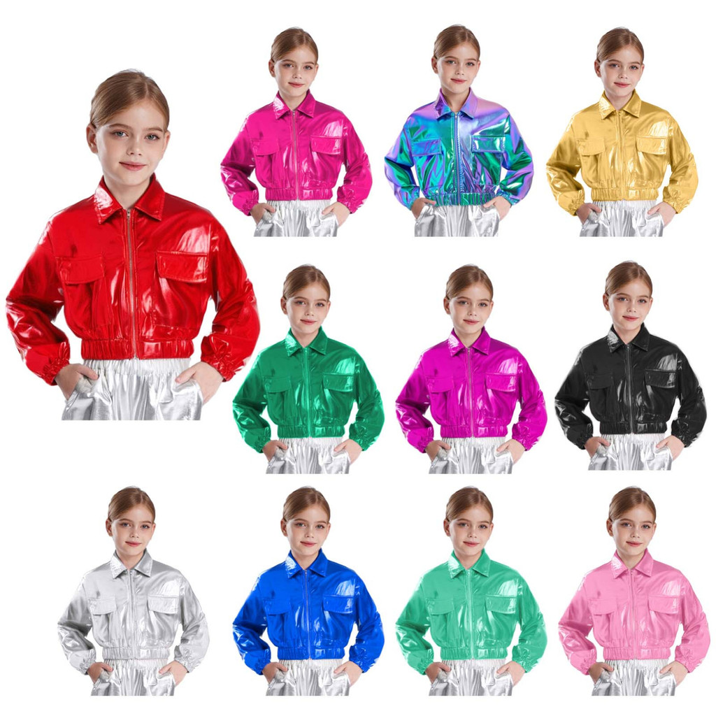 Yeahdor Unisex เด็กชายหญิงโลหะเงาแจ็คเก็ต Turn-Down Collar แขนยาว Outwear พร้อมกระเป๋า Flap สําหรับ Hip-Hop Jazz Dance