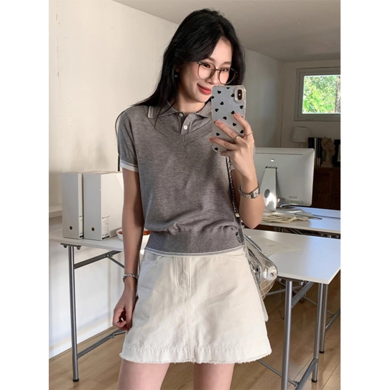 ฤดูร้อนใหม่ผู้หญิงเสื้อโปโลคอปกคู่ลายแขนสั้นด้านบน 250505