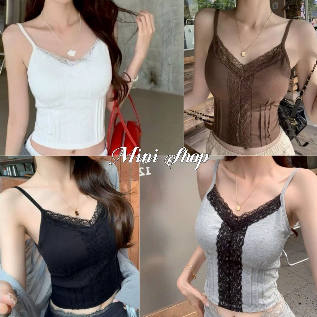 Mini shop🌸พร้อมส่ง🌸(FY10104) เสื้อสายเดี่ยว มีฟองน้ำ ใส่สบาย สีพื้นแต่งลูกไม้ วินเทจ