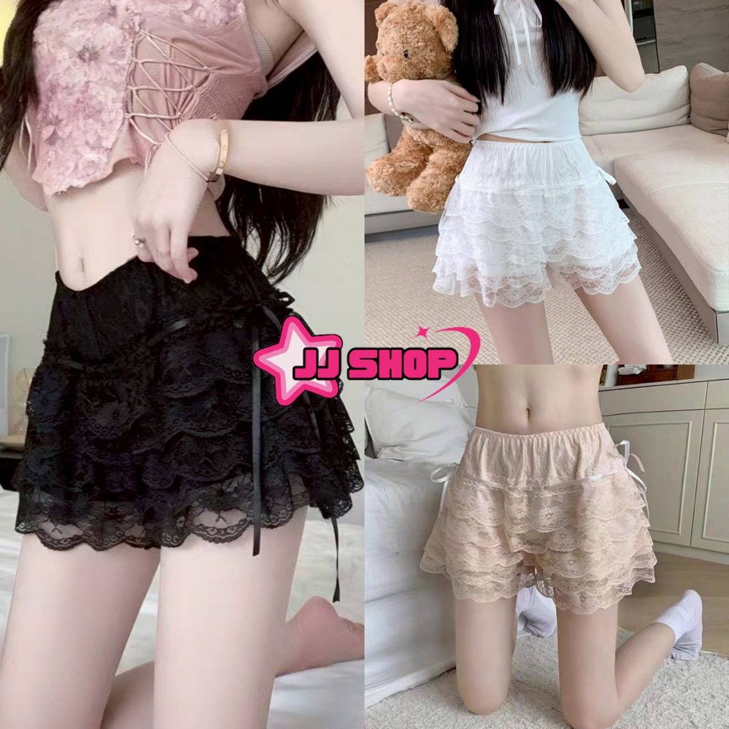 JJ Shop​💜​พร้อมส่ง กางเกงขาสั้น เงสม๊อคยืด สีพื้น น่ารัก ดีเทลลูกไม้ แต่งชั้นๆ "KK1158"