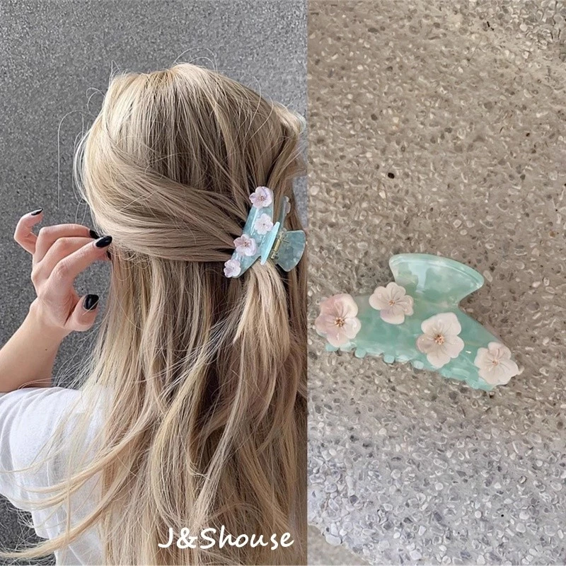 KF1027 สไตล์เกาหลีขนาดกลาง lght สีฟ้าสีชมพูสีม่วงดอกไม้ rhinestone อะซิเตท claw คลิป clamp grip อุปกรณ์เสริมผู้หญิง