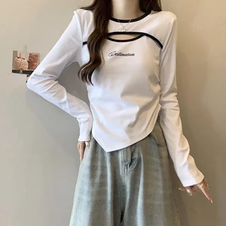 เสื้อยืดโอเวอร์ไซส์ (40-150 กก.) เสื้อแขนยาวทรงกลวงสไตล์เกาหลี เสื้อยืดพลัสไซส์ พิมพ์ลายสายรัด ทรงสลิมฟิต เสื้อยืด