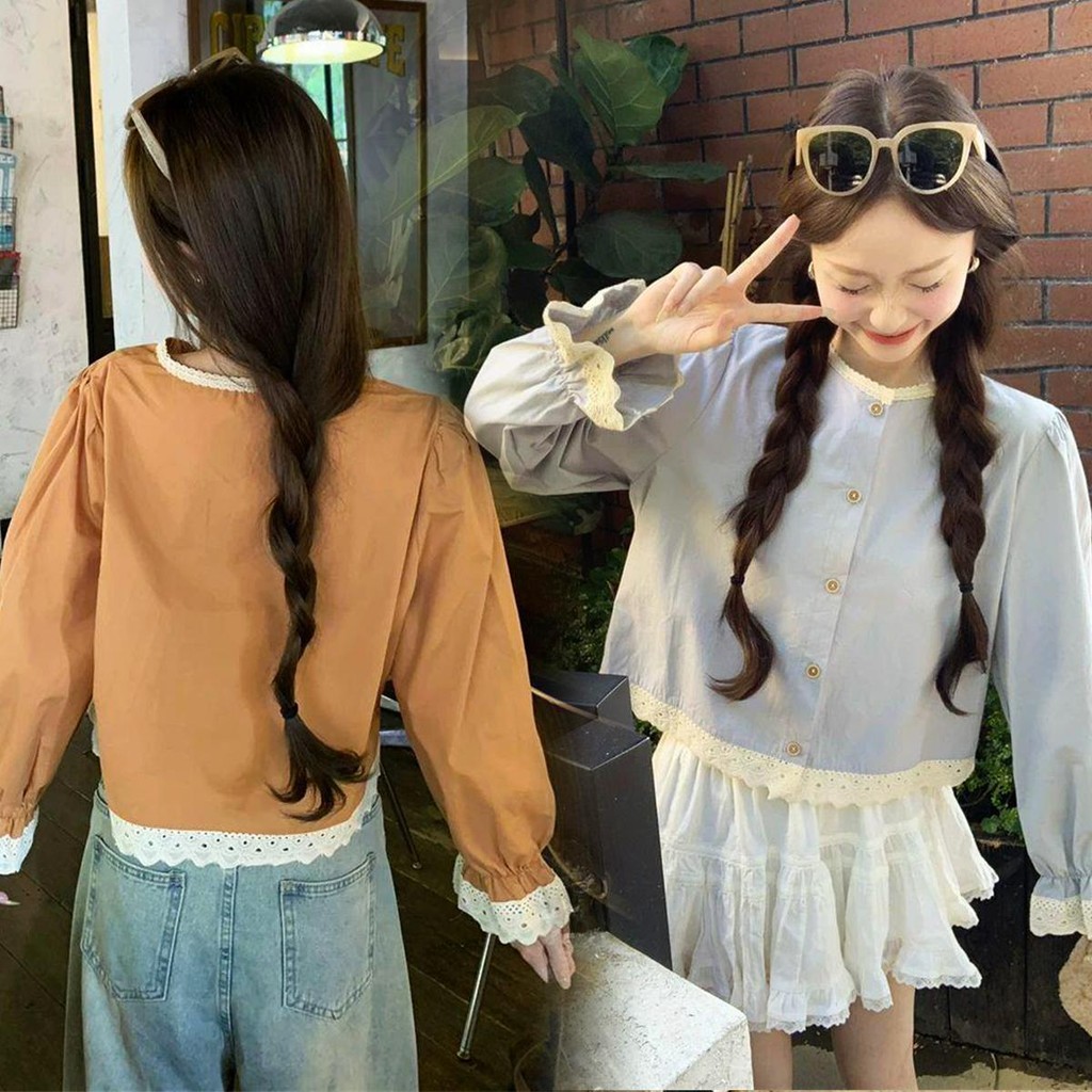 Chili Koko เสื้อเชิ้ตลูกไม้เย็บปะติดปะต่อกันสไตล์ฝรั่งเศสหวานของผู้หญิงเสื้อเบบี้ดอลสั้นทรงหลวม W603