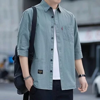 EERSHENSHI ครึ่งแขนเสื้อผู้ชายสไตล์ฮ่องกง Casual All-Matching เสื้อผ้าทํางานผ้าฝ้ายเสื้อหลวม