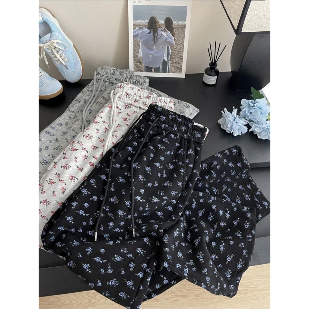 กางเกงขายาวทรงกระบอก ลายดอกไม้ B71 มีกระเป๋าข้าง มีเชือกรูด ผ้าใส่สบาย กางเกงลายน่ารักๆ พร้อมจัดส่ง