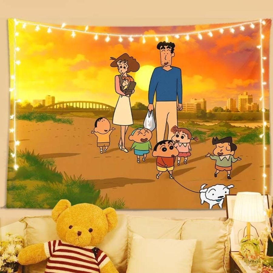 ผ้าพื้นหลังการ์ตูนอนิเมะ Crayon Shin-chan ผ้าแขวนน่ารักสำหรับตกแต่งผนังหอพัก ตกแต่งห้องพัก จัดวางข้างเตียง