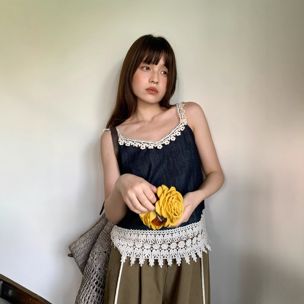 ใหม่เปิดภาษาฝรั่งเศสคํา Contrast Lace Splicing Double Root Denim สลิงเสื้อกั๊กผู้หญิง S5287