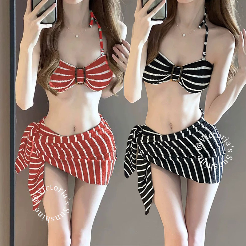 ส่งไวจากไทย บิกินี่ 3 ชิ้น sexy bikini รุ่นใหม่  เซ็กซี่  โชว์หลัง ลายทาง ผ้านุ่ม ใส่สบาย สไตล์เกาหลี#0710