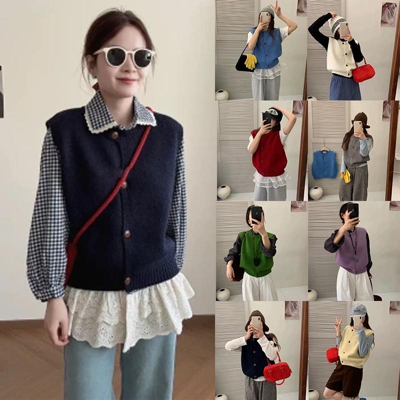 ohho D651 เสื้อกั๊กไหมพรม ดีไซน์กระดุม ย้อนยุค ผู้หญิง แบบใหม่ สลิม สไตล์สาวหวาน