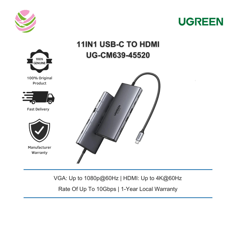 UGREEN 11IN1 USB-C To HDMI,VGA,2USB-C,2USB-A,RJ45,SD/TF,3.5MM+PD100W (UG-CM639-45520)