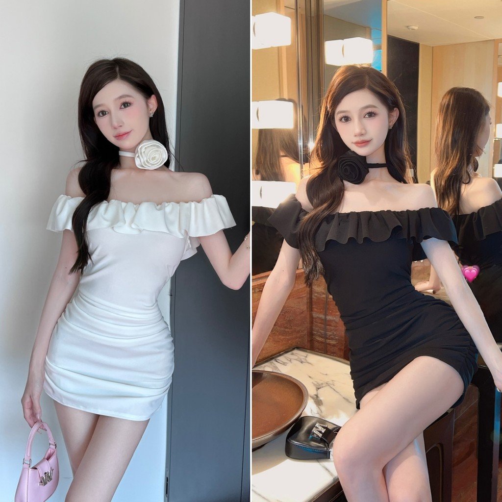 Betty house พร้อมส่ง ชุดเดรสผู้หญิง เดรสสั้นปิดไหล่ ดีไซน์จีบด้านข้าง กระโปรงเซ็กซี่ ชุดซ็กซี่สีทึบ