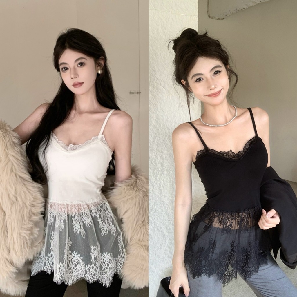 Kayla เสื้อกล้าม สีพื้น มีฟองน้ำ ดีเทลแต่งลูกไม้ ผ้านิ่ม ยืดตามตัว สายเดี่ยว สไตล์เกาหลี แฟชั่น น่ารัก#FY1085