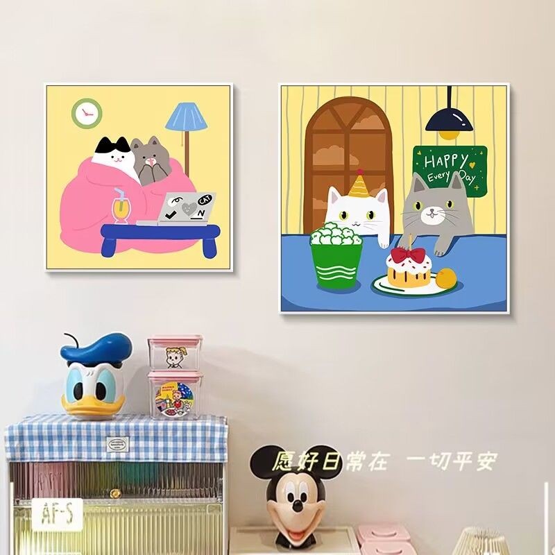 30x30x0.9 ซม.Dopamine น่ารัก Cat Art เดสก์ท็อปภาพวาดตกแต่งห้องนั่งเล่นห้องนอนเด็กตกแต่งภาพวาดโปสเตอร์ผนัง Nordic Wall Art วาดพื้นหลังแขวนผนังภาพวาด