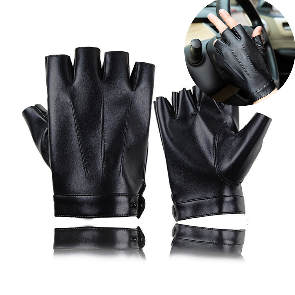 Annapink.th Fingerless ผู้ชายถุงมือหนังมอเตอร์ Punk ถุงมือชาย Mittens สีดําครึ่งนิ้วกลางแจ้ง Mens หนังขับรถถุงมือ EN
