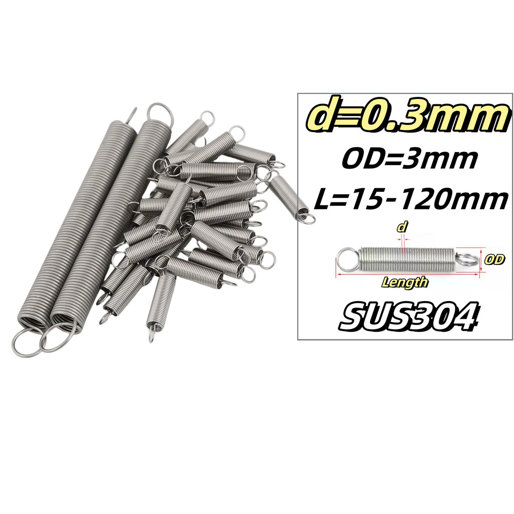 สปริงแรงดึง/สปริงพร้อมตะขอ 304 สแตนเลส d=0.3mm,OD3mm,L=15~120mm สปริงดึงพร้อมตะขอ ทาประตูโรงรถ bunnings เครื่องแกว่งYMH