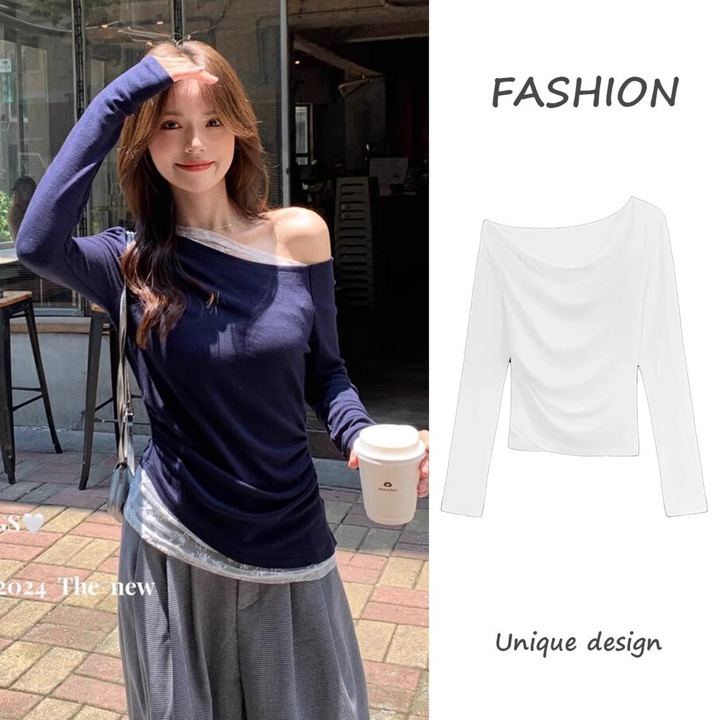 MIMI&DIDI#เสื้อยืดปาดไหล่แขนยาวระกบลูกไม้สำหรับผู้หญิง ทรงเข้ารูป หวานและน่ารัก สง่างามและเซ็กซี่#2669