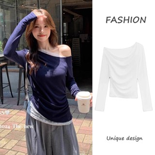 MIMI&DIDI#เสื้อยืดปาดไหล่แขนยาวระกบลูกไม้สำหรับผู้หญิง ทรงเข…