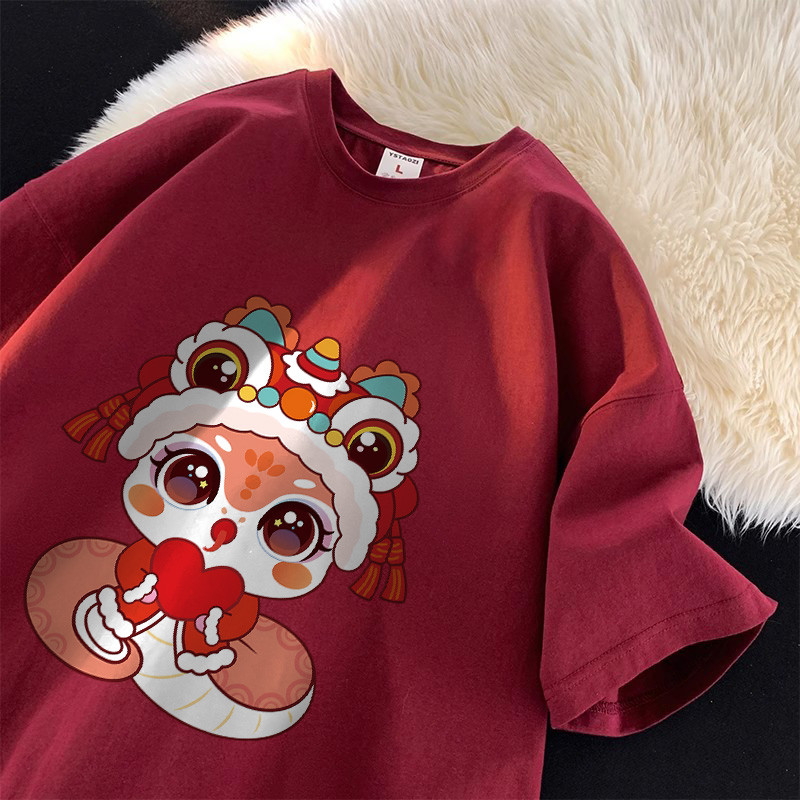 เสื้อ happy new year, น่ารักการ์ตูนมังกรพิมพ์หลวมผ้าฝ้าย 100% แขนสั้นเสื้อยืด #I002828