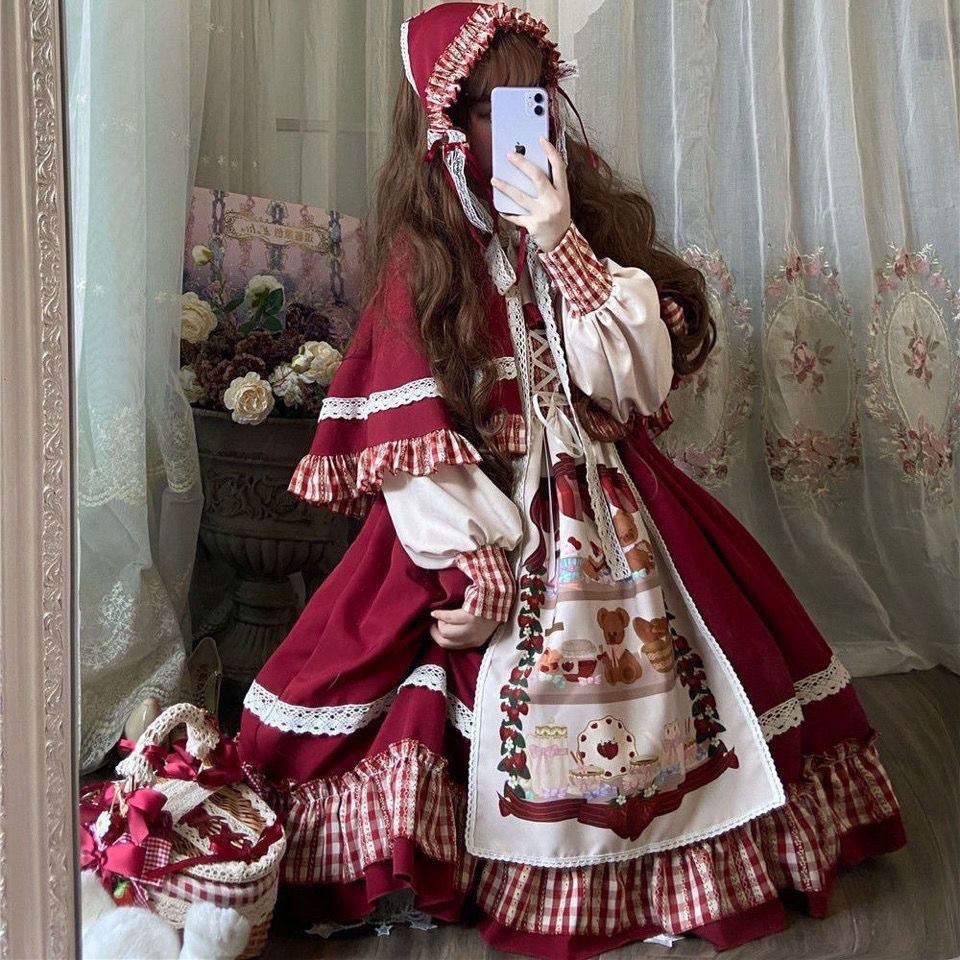 Christmas Girl Lolitaop Dress Little Red Riding Hood New Year Red Small Summer Lolita Long Sleeve Cape