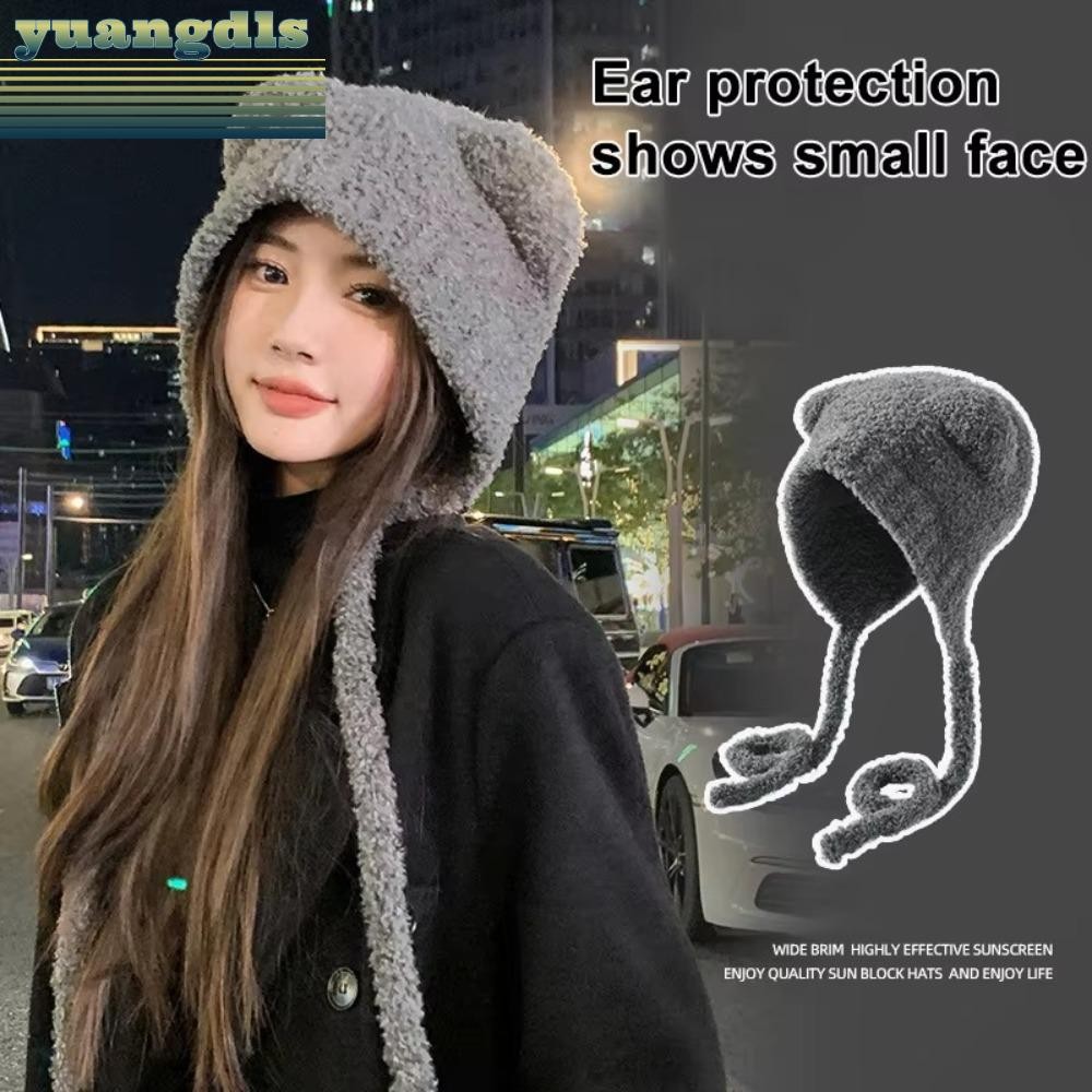 Yuang ถักหมวก Bomber, Y2k ป้องกันหูหมีหมวกขนสัตว์,น่ารัก Lace up Warm พร้อมเชือก Beanies หมวก