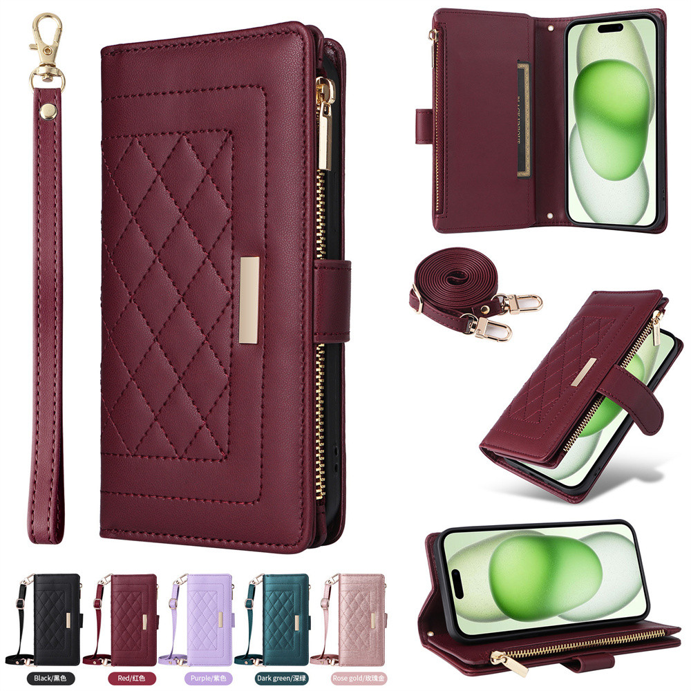 เคส for iPhone 16 15 14 Plus 11 12 13 Pro Max 6 6s 7 8 SE 2020 2022 SE2 SE3 หรูหรา ปู่ ปกหนังกระเป๋าสตางค์ที่มีช่องใส่การ์ดภาพยืนผู้ถือนุ่ม ทีพียู เปลือกกันชนมือเชือกเส้นเล็กไหล่สลิง Hand Lanyard Shoulder Sling Strap Zipper Wallet Leather Flip Cover