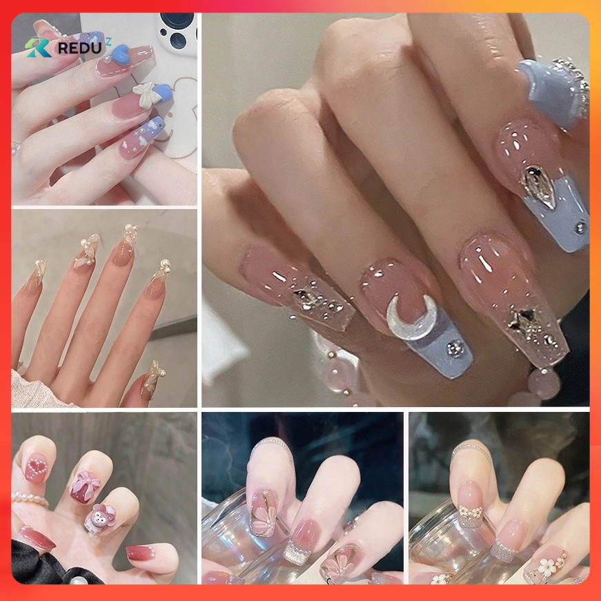 🇹🇭ร้านไทย🇹🇭 24 ชิ้น เล็บปลอม พลอยเทียม 3D DIY  พร้อมหินฝังเพชรเทียม และกาว ประหยัดเวลา สําหรับตกแต่งเล็บ