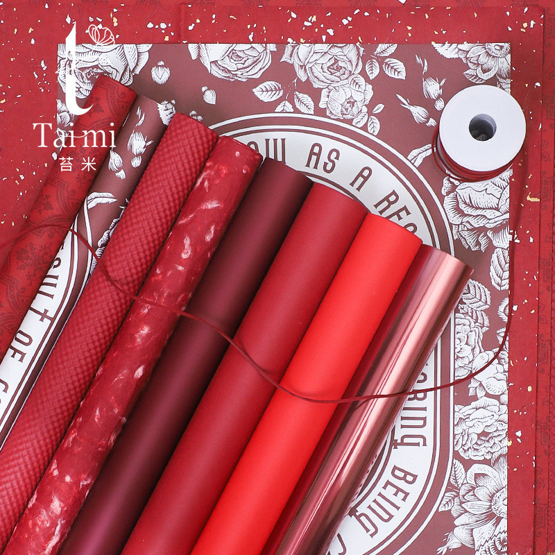 กระดาษห่อของขวัญดอกไม้ชุดสีแดงเทศกาล1211กระดาษห่อดอกไม้ช่อดอกไม้สด