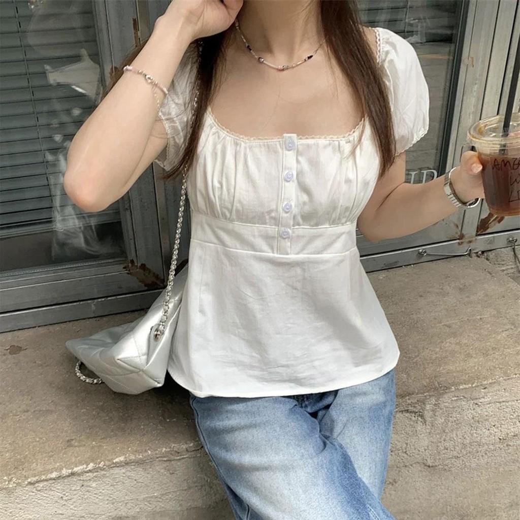 Dahong W489 เสื้อเบลาส์ผู้หญิง แขนสั้น แต่งจีบ ลายลูกไม้ แต่งกระดุมหน้า สีพื้น หลวม เวอร์ชั่นเกาหลี