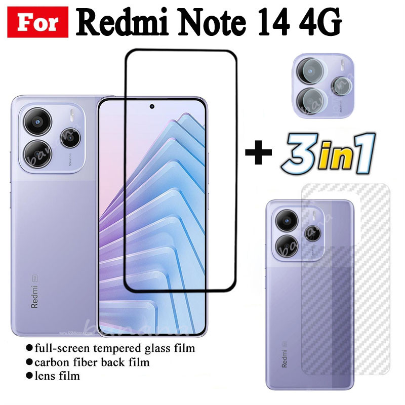 3 IN 1 Redmi หมายเหตุ 14 4G ฟิล์มกระจกนิรภัยสําหรับ Redmi หมายเหตุ 13 4G หมายเหตุ 13 Pro 4G 14C 13C A4 A3 คลุมทั้งหมดป้องกันหน้าจอแก้ว + ฟิล์มเลนส์กล้อง + ฟิล์มด้านหลัง