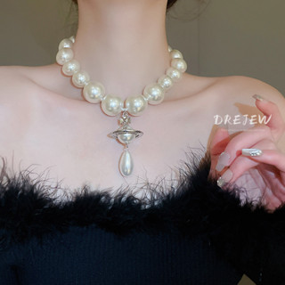 [เดรย์]สร้อยคอมุกเทียมดาวเสาร์สไตล์วินเทจเรียบง่ายโซ่กระดูกไ…