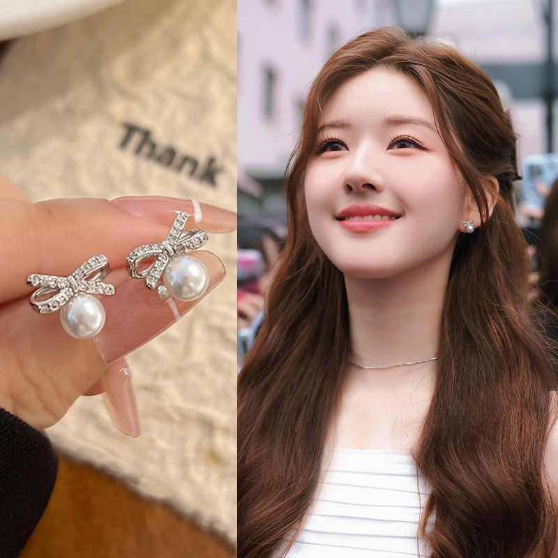 S925 Silver Bowknot Pearl ต่างหูหู Studs เครื่องประดับเกาหลี