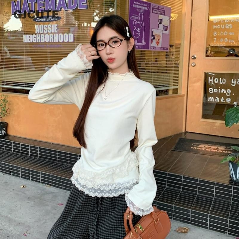 Gjcute เกาหลีหวานลูกไม้ Ruffled แผงรอบคอแขนยาว Slim เสื้อยืดสําหรับผู้หญิง WTD