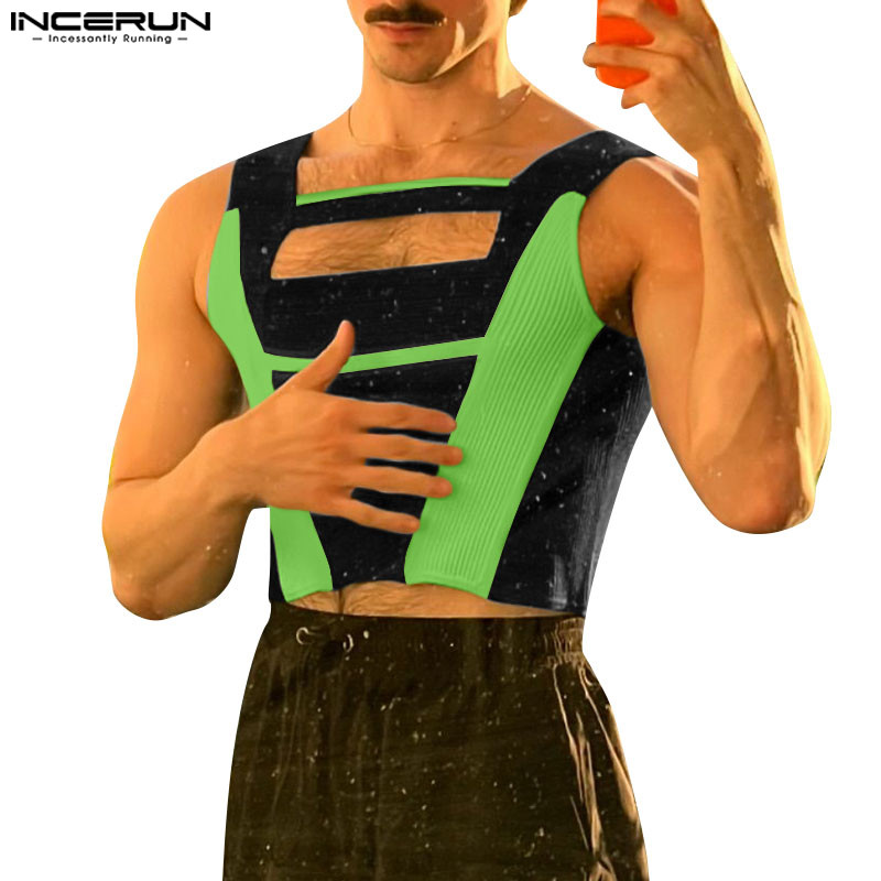 ไม่แน่นอน ผู้ชายวินเทจแฟชั่นกลวงเย็บปะติดปะต่อกันเสื้อกล้ามแขนกุด