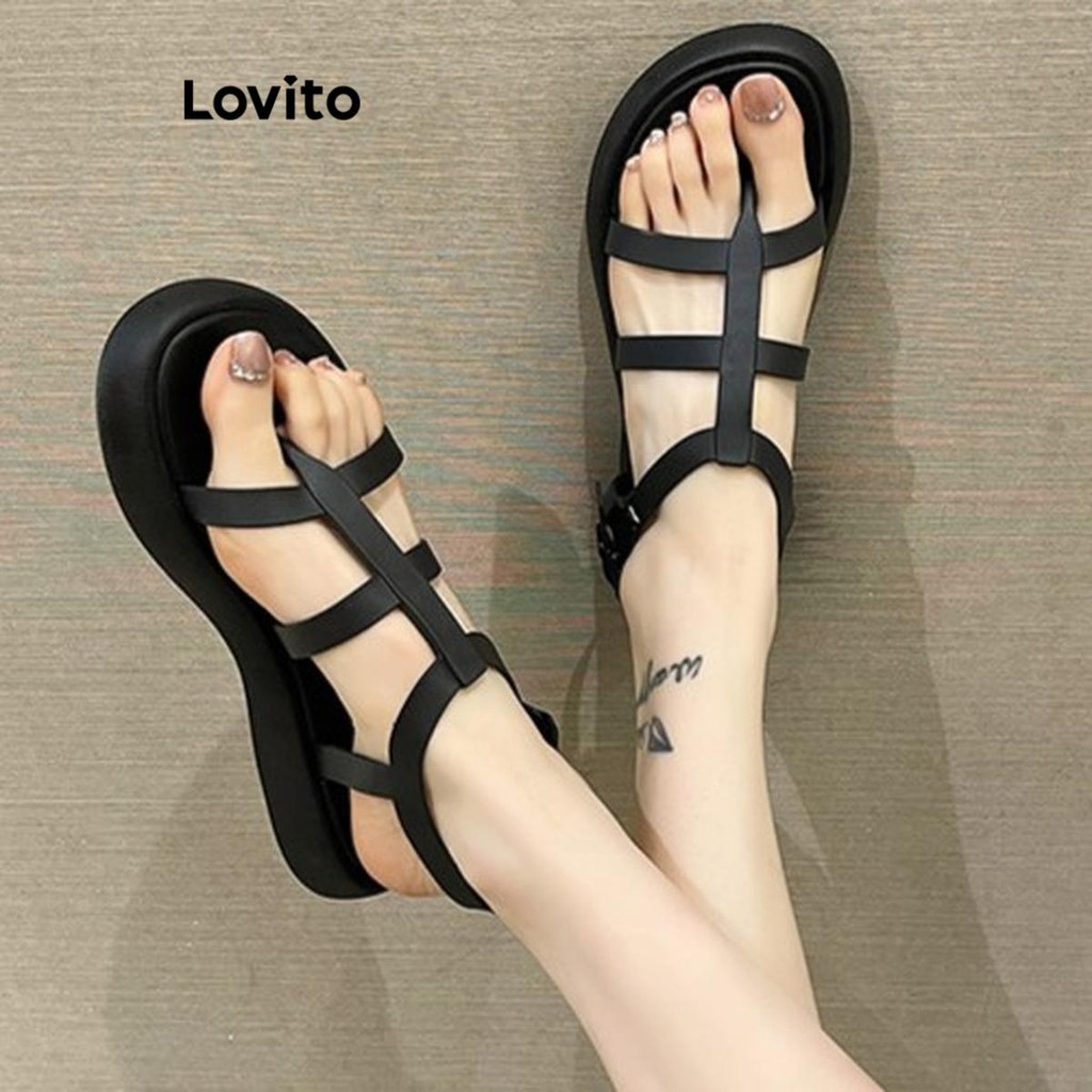 Lovito ลําลองธรรมดาริมทะเลชายหาดรองเท้าแตะโรมันฤดูร้อนจับคู่ทุกวันเวอร์ชั่นเกาหลีรองเท้าแตะส้นแบนสําหรับผู้หญิง LFA68011