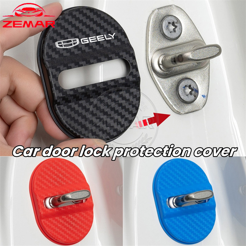 4 ชิ้น Geely รถประตูล็อคฝาครอบป้องกันคาร์บอนไฟเบอร์เนื้อประตูล็อค Scratch Protectorer หัวเข็มขัดโช้คอัพบัฟเฟอร์อุปกรณ์เสริมสําหรับ Geely EX5 Galaxy E5 Emgrand Coolray Okavango